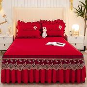 大红色蕾丝床裙单件韩式公主婚庆结婚床套防滑荷叶边1.5m1.8m床罩