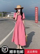 韩系温柔玫粉色连衣裙女夏季2023方领泡泡袖高腰气质显瘦长裙