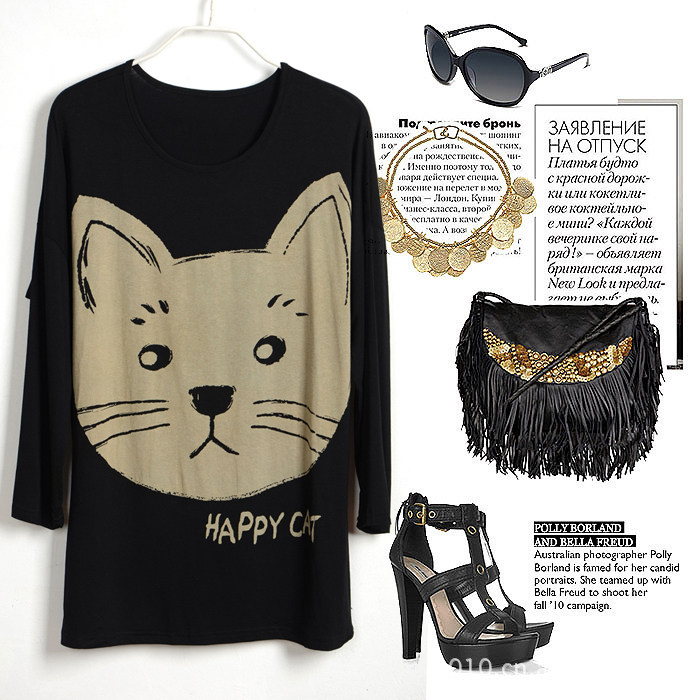 [<span class=H>ON</span><span class=H>LY</span> STYLE]2012春装新款女原单圆领蝙蝠袖猫咪头像宽松长袖T恤