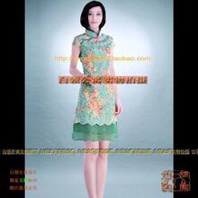 白领公寓◥◣寒烟翠..提花棉拼纱莲花三层下摆小礼服旗袍◢◤*2色