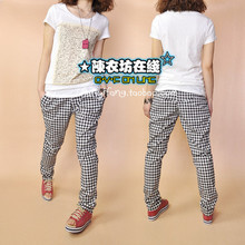 欧美明星气质款 英伦复古<span class=H>格子</span>裤大码哈伦裤休闲小垮裤子 黑白格