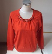 价100%全羊毛三标齐全桔红色圆领订珠时尚高档羊毛衫