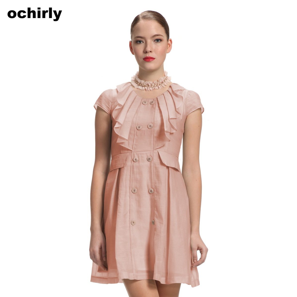 新款女装夏装雪纺荷叶边连衣裙，Ochirly/<span class=H>欧时力</span>促销