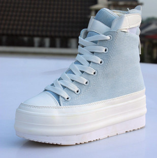  潮超厚底松糕鞋高帮高跟魔术贴帆布鞋女鞋韩国松高球鞋韩版高邦