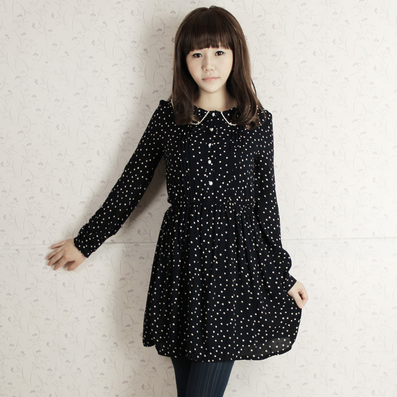 娃娃领复古藏蓝波点风琴百褶长袖连衣裙...