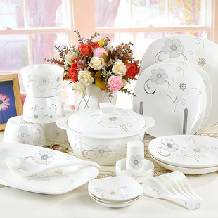 景德镇56头陶瓷餐具 简约骨瓷韩式家用餐具碗碟盘套装 结婚礼物