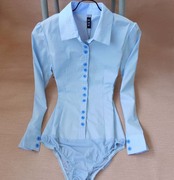  夏装韩版女长袖衬衣短袖蓝白色职业连裆装修身工装连体衬衫