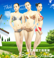2012唯美专业调整型一片式无痕美体内衣套装格子AB杯三排扣文胸