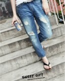 包邮 欧美boyfriend休闲蓝色破洞九分大码宽松牛仔裤女垮裤哈伦裤