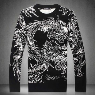  潮男士新款圆领超赞针织衫打底毛衣中国龙织花190大码羊毛衫