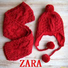 正品！za*ra手工编织红色球球帽子围巾两件套内有纯棉针织里