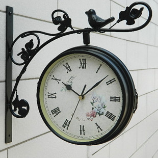 铁艺金属小鸟双面，挂钟时尚客厅两面挂钟，静音田园挂钟钟表