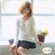 CICI-SHOP 新款春装 日系甜美荷叶边蕾丝长袖棉T恤019