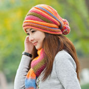毛球贝雷帽冬季帽子女韩版冬天潮毛线帽子围巾两件套装羊毛针织帽