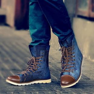  秋冬时尚男士短筒靴韩版马丁牛仔靴高帮休闲男式帆布潮流滑板鞋
