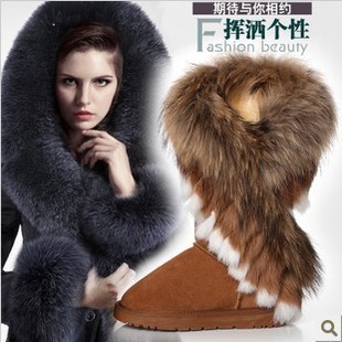  秋冬季新款高筒长靴子狐狸毛兔毛 雪地靴 仿真皮流苏女鞋清仓