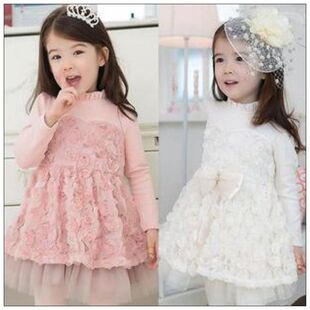  韩国童装冬装新年装 女童玫瑰花加厚儿童连衣裙子公主裙礼服裙