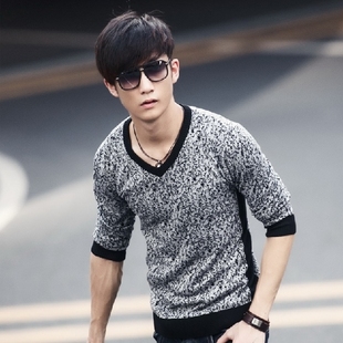  春款13个性潮男针织衫韩版非主流男装V领套头修身毛衣男外套保暖