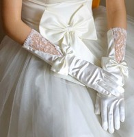 长款米白色黑色红色缎面蝴蝶结，蕾丝手套新娘，蕾丝全指婚纱礼服手套