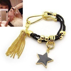  韩版时尚多层手饰 韩国可爱黑色五角星流苏手链 女 男式 皮绳饰品