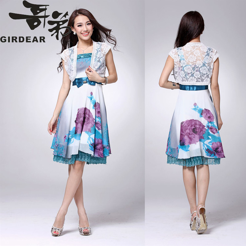<span class=H>哥弟</span>女装正品2012新款夏装花色两件套披肩女士短袖修身连衣裙子