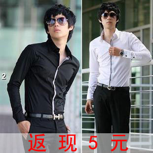  新款春秋装 韩版修身男装 男式衬衣黑白纯色男士长袖衬衫男款