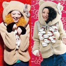 Hello Kitty可爱猫耳朵<span class=H>羊羔</span><span class=H>绒</span>宇津木毛毛呢外套