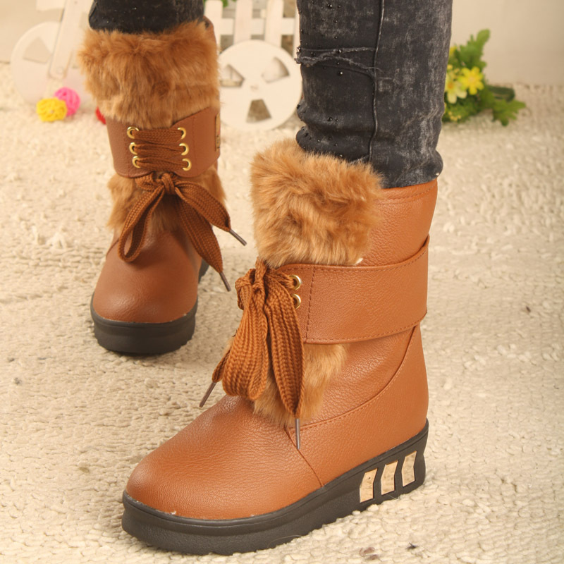 亮片系带兔毛雪地靴...