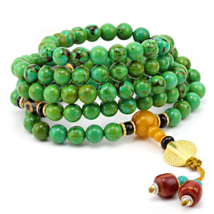  开光藏式佛珠念珠手串 天然绿松石配合成蜜蜡手链 8mm 男女款配饰
