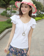 夏季纯色韩版白色圆领蕾丝袖边泡泡袖纯棉修身T恤女