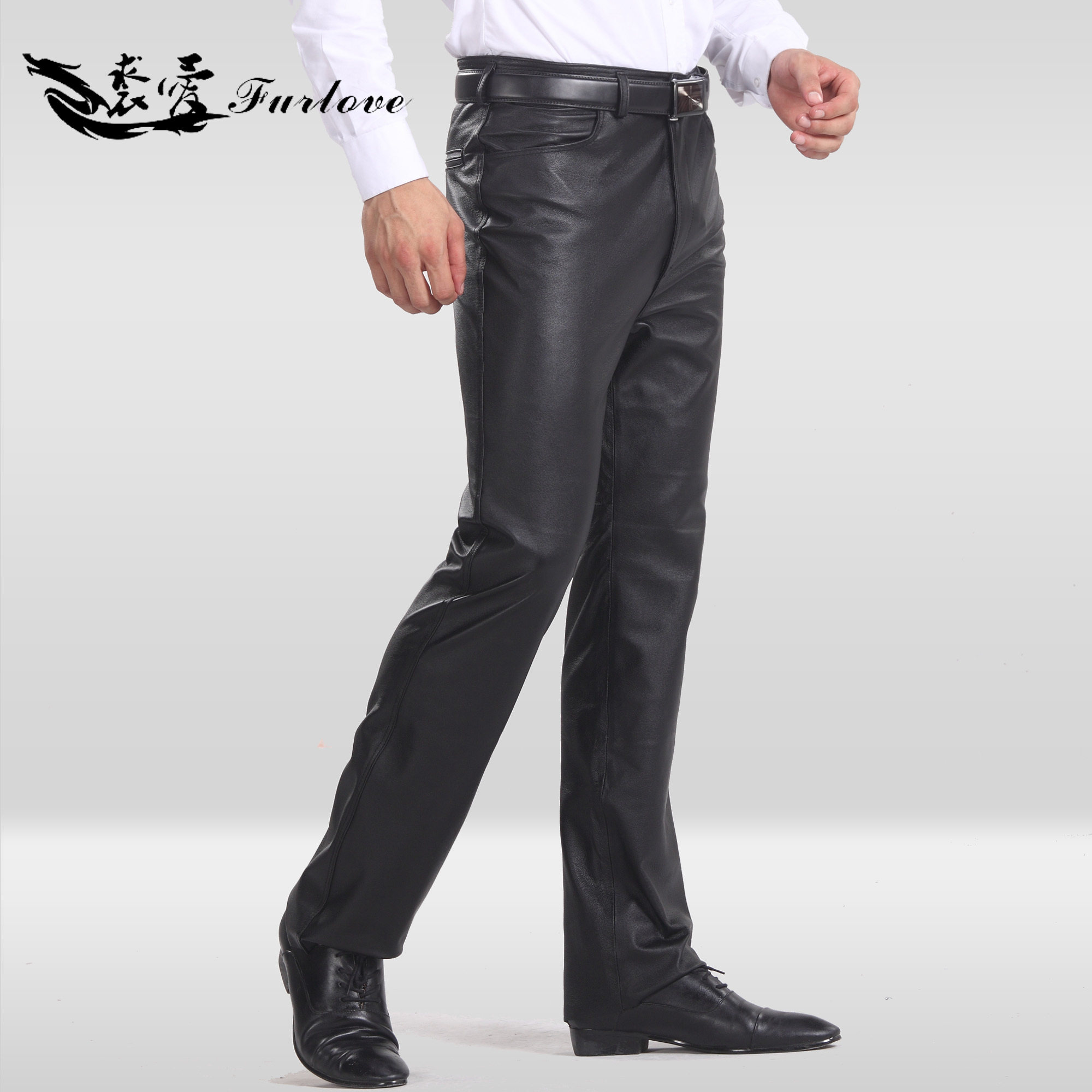 Furlove special offer autumn/winter men's trousers straight leather pants motorcycle biker leather and cotton plus size trousers