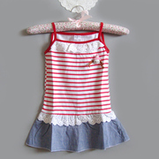儿童夏季外贸原单女童纯棉，吊带蕾丝红白色条纹拼接牛仔布连衣裙