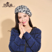 谷木依安哥拉兔毛女士，韩版豹纹贝雷帽，秋冬时尚画家女帽子