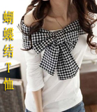 2011韩版春装新款女装 清仓大蝴蝶结露肩修身新品短袖T恤 收腰