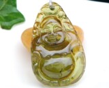天然正品典藏荧光油润玻璃体茶黄碧玺弥勒佛吊坠项坠挂件原石批发