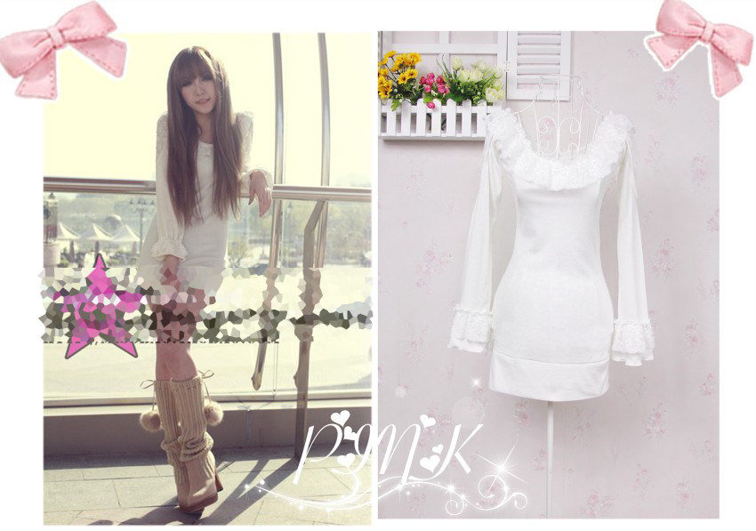 &hearts;<span class=H>Pink</span>&hearts;店主推荐 秋冬打底必备 长袖蕾丝包臀针织连身裙 白 黑