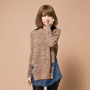  秋冬新品 衬衫领毛衣假两件套 长款复古韩版蝙蝠袖宽松毛衣女