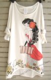 2件包邮 2010春装热卖手绘美女长款不规则打底T恤裙TX3001