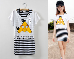 (Ladies 611-2) Korean cartoon yellow bird piece angry Long T shirt dress 5507