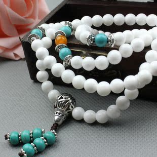  开运堂 开光天然白砗磲108颗佛珠手链 绿松石藏银隔珠 原创新款