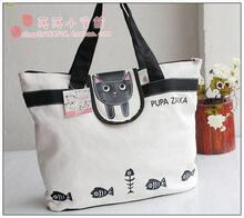 日本PUPA ZAKKA猫咪小鱼拉链单肩包手提包环保帆布包包