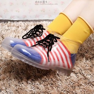  日本时尚果冻低帮透明系带雨靴防滑雨鞋春秋新款女式鞋橡胶鞋