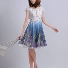 庆五冠少女蝶 2010夏装新款蝴蝶结雪纺修身连衣裙C1078A（蓝花）