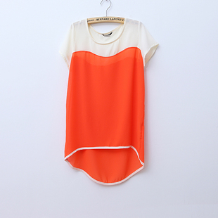 2012 Summer new Korean characters to spell color irregular hem round neck short sleeve loose chiffon shirt WC1148