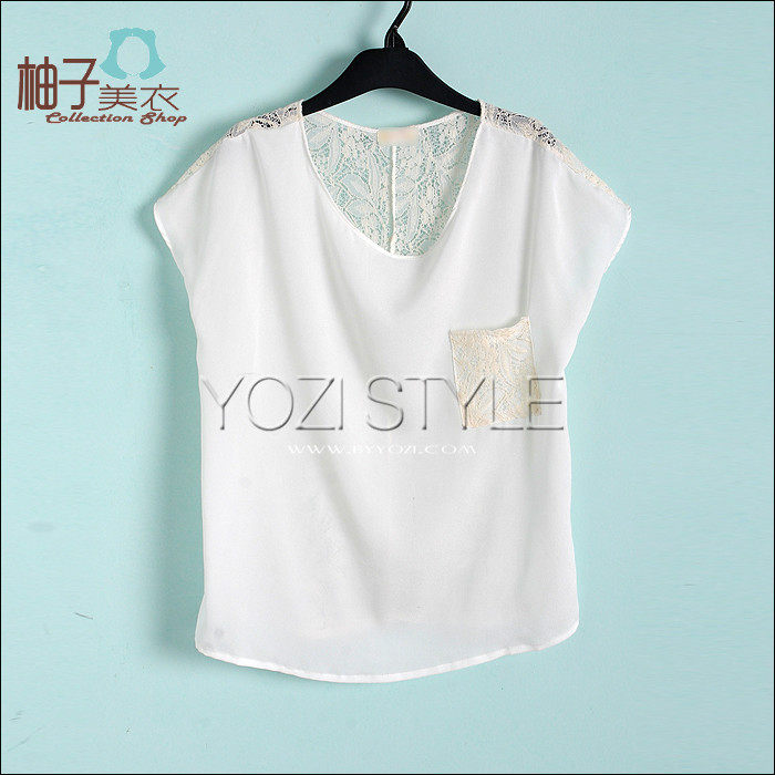 S893柚子美衣夏季新品2012日系时尚短款袖蕾丝拼接雪纺套头T恤
