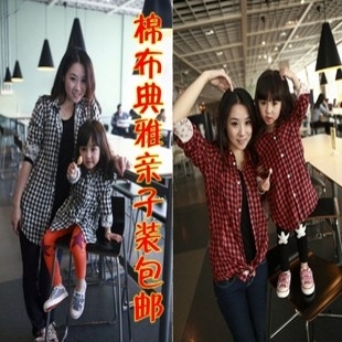  母女装母子装亲子装 春秋款儿童衬衫 男女童格子衬衣长款卫衣