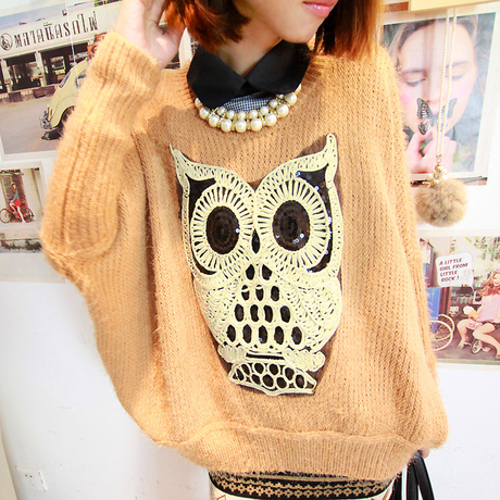 2012秋冬新款女装韩版宽松圆领<em>猫头鹰图案</em>毛