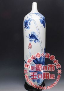 王平挥手绘青花斗彩 和为贵 瘦长型 荷花 景德镇陶瓷器花瓶摆件