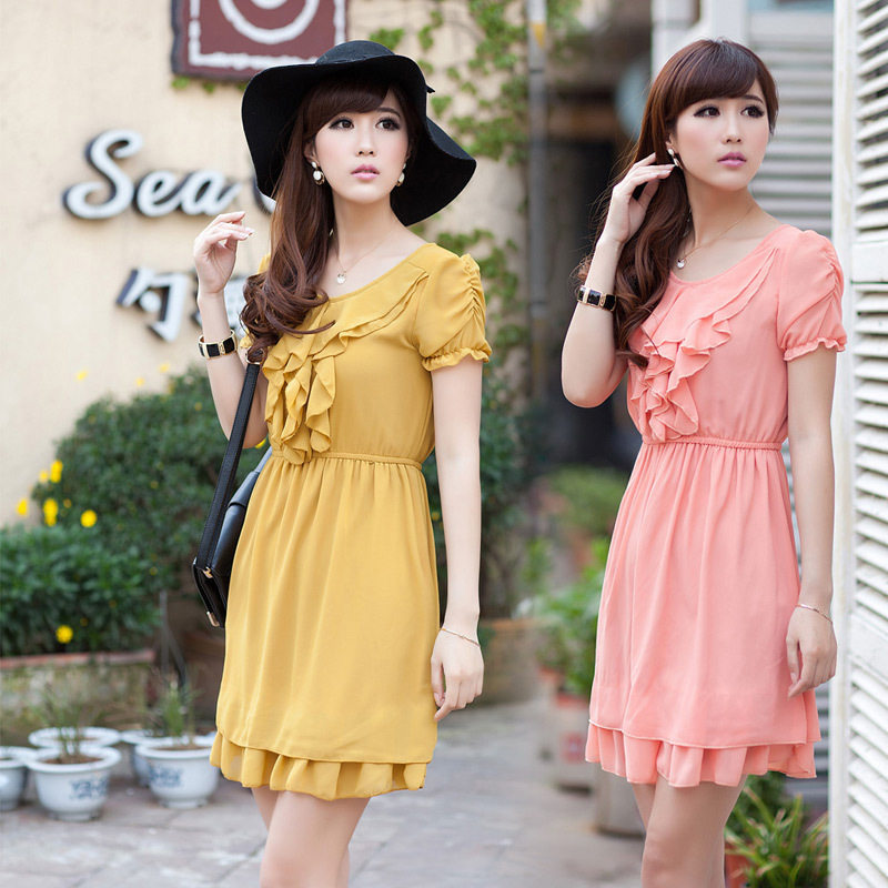 P1017<span class=H>浪漫</span><span class=H>一</span>夏 甜蜜俏佳人 淑女荷叶花边泡泡袖修<span class=H>身</span>雪纺连衣裙