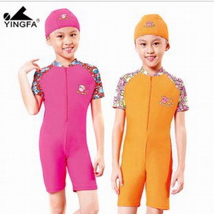 品牌英发温泉儿童，女童连体短袖游泳衣，y052送泳帽桃红橘色